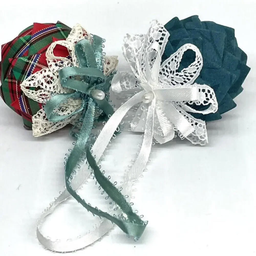 Teal Ribbon and Lace‎ Pine Cone Ornaments Set of 2 Vintage
